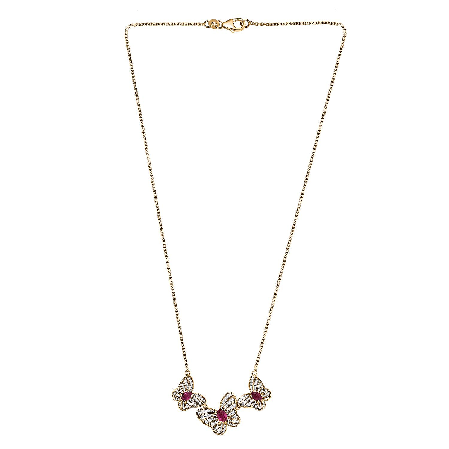 GP Italian Garden Collection - African Ruby, White Zircon & Kanchanaburi Blue Sapphire Necklace (Size - 20) with Lobster Clasp in 18K Vermeil Yellow Gold Plated Sterling Silver 4.96 Ct.