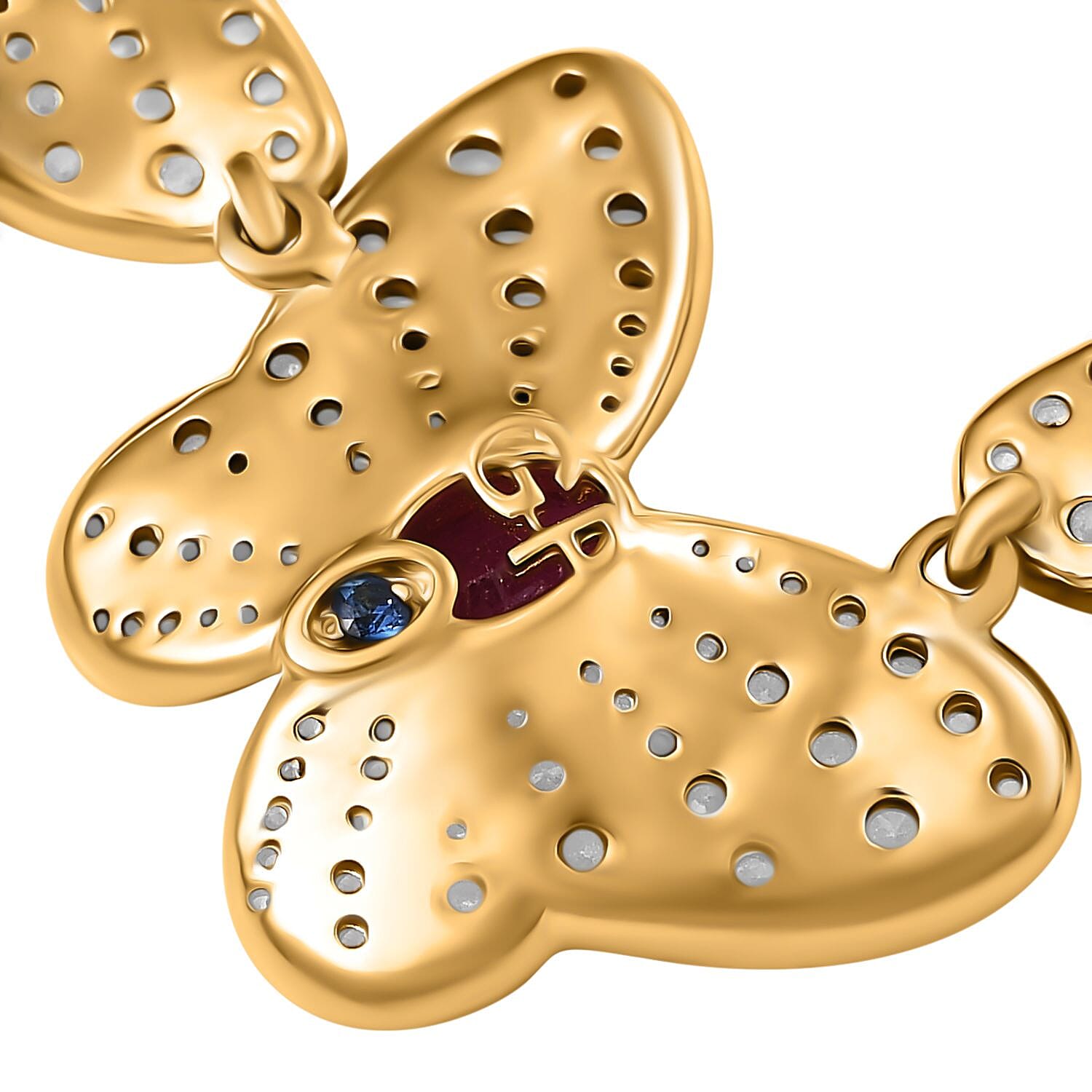 GP Italian Garden Collection - African Ruby, White Zircon & Kanchanaburi Blue Sapphire Necklace (Size - 20) with Lobster Clasp in 18K Vermeil Yellow Gold Plated Sterling Silver 4.96 Ct.