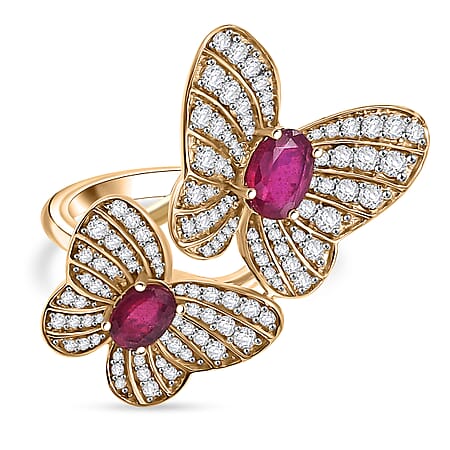 GP Italian Garden Collection - African Ruby, White Zircon Butterfly Ring in 18K Vermeil Yellow Gold Over Sterling Silver 3.62 Ct.