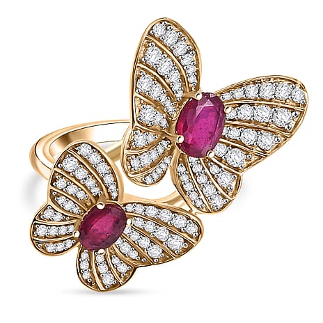 GP Italian Garden Collection - African Ruby, White Zircon & Kanchanaburi Blue Sapphire Cluster Ring in 18K Vermeil Yellow Gold Sterling Silver 3.62 Ct, Silver Wt. 6.41 Gms.