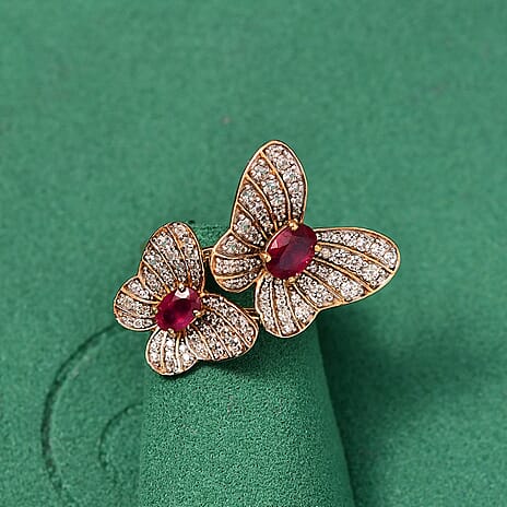 GP Italian Garden Collection - African Ruby, White Zircon & Kanchanaburi Blue Sapphire Cluster Ring in 18K Vermeil Yellow Gold Sterling Silver 3.62 Ct, Silver Wt. 6.41 Gms.