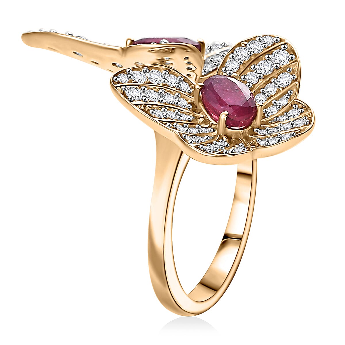 GP Italian Garden Collection - African Ruby, White Zircon & Kanchanaburi Blue Sapphire Cluster Ring in 18K Vermeil Yellow Gold Sterling Silver 3.62 Ct, Silver Wt. 6.41 Gms. GP Italian Garden Collection - African Ruby, White Zircon & Kanchanaburi Blue Sapphire Cluster Ring in 18K Vermeil Yellow Gold Sterling Silver 3.62 Ct, Silver Wt. 6.41 Gms.