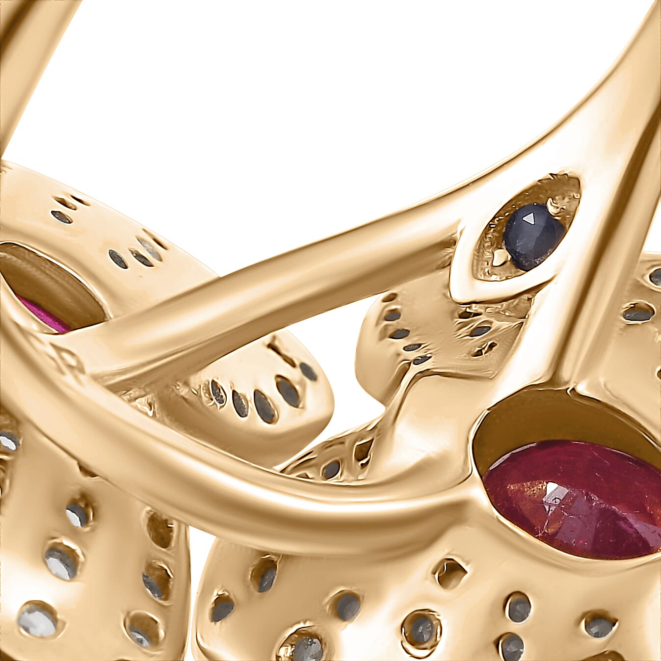 GP Italian Garden Collection - African Ruby, White Zircon & Kanchanaburi Blue Sapphire Cluster Ring in 18K Vermeil Yellow Gold Sterling Silver 3.62 Ct, Silver Wt. 6.41 Gms. GP Italian Garden Collection - African Ruby, White Zircon & Kanchanaburi Blue Sapphire Cluster Ring in 18K Vermeil Yellow Gold Sterling Silver 3.62 Ct, Silver Wt. 6.41 Gms.