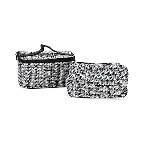Set of 2 Woven Pattern Cosmetic Bags - White & Black