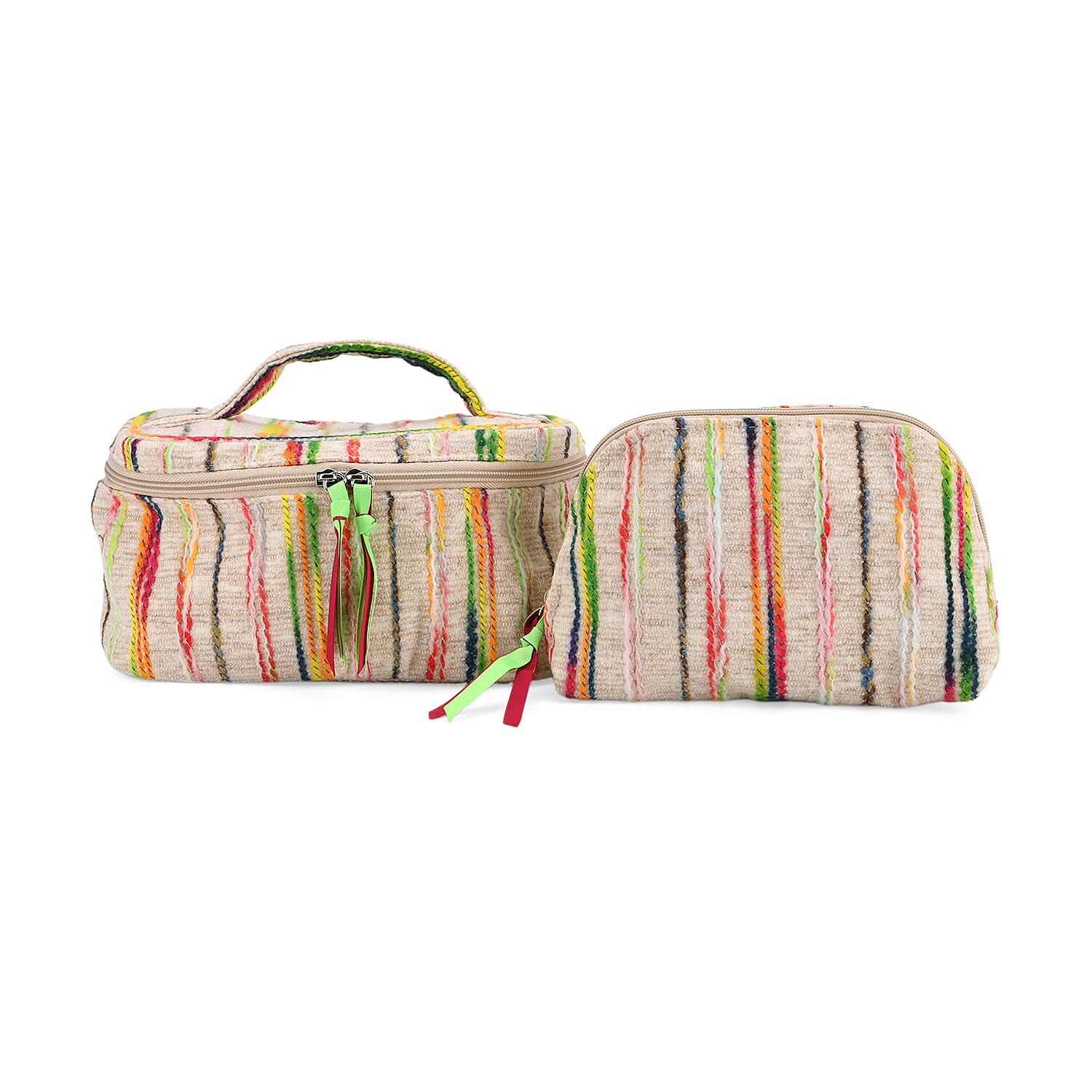 Set of 2 Multi-Colour Woven Pattern Cosmetic Bags - Beige