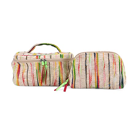 Set of 2 Multi-Colour Woven Pattern Cosmetic Bags - Beige