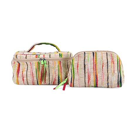 Set of 2 Multi-Colour Woven Pattern Cosmetic Bags - Beige