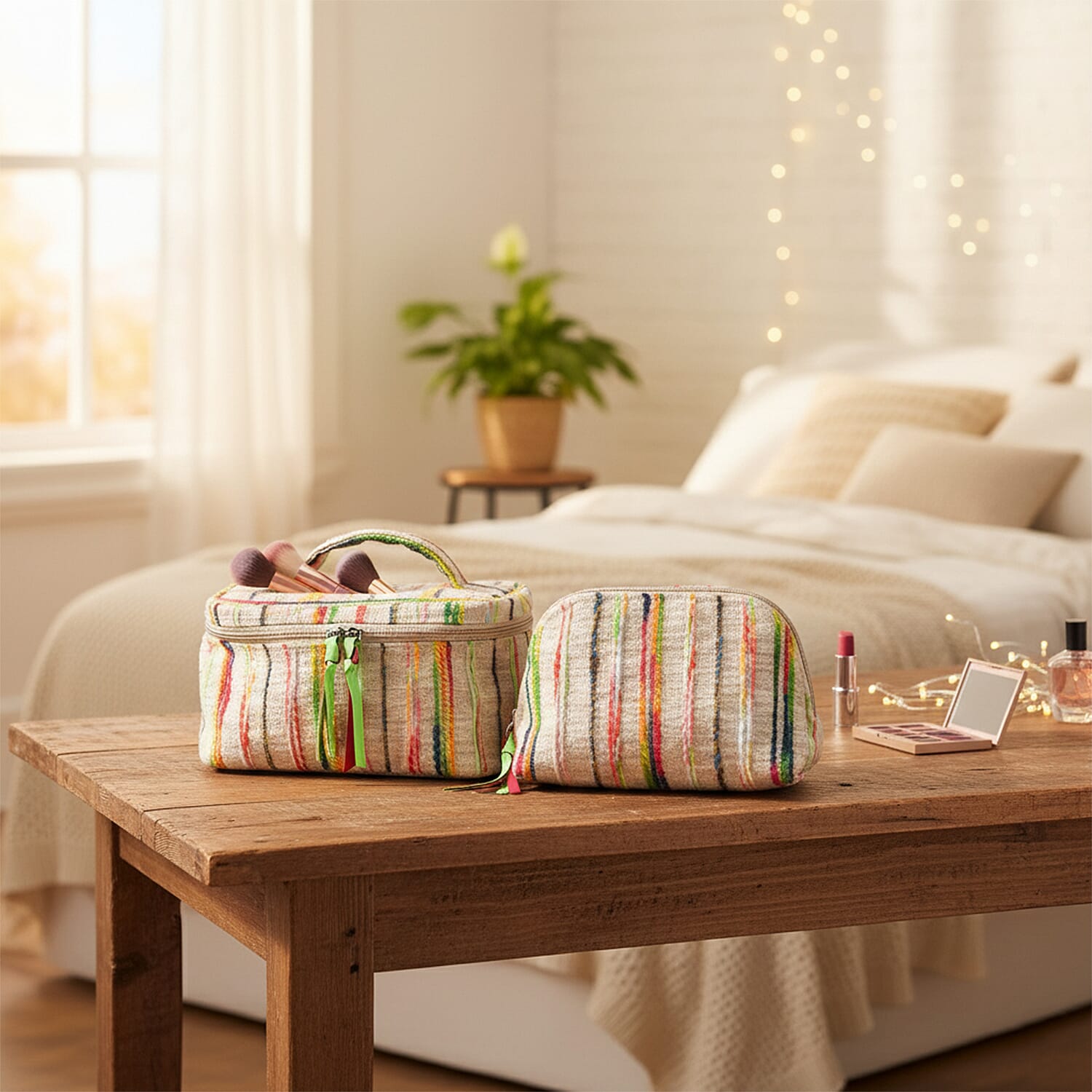 Set of 2 Multi-Colour Woven Pattern Cosmetic Bags - Beige