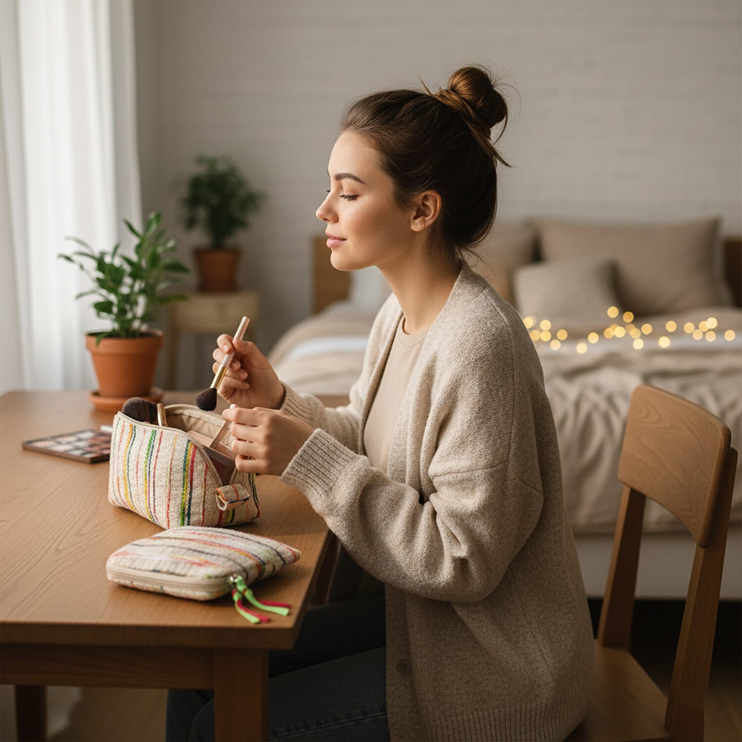 Set of 2 Multi-Colour Woven Pattern Cosmetic Bags - Beige