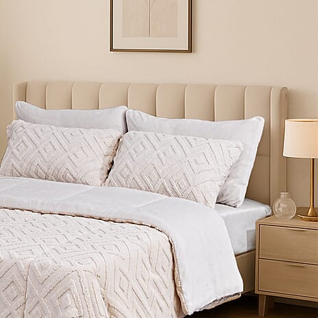 Hush Haven Super Soft Teddy Fleece 6-Piece Comforter Set - Inc. 2 Taffeta Jacquard - 2 Crystal Velvet Pillowcases, Fitted Sheet and a Comforter (Double) - White