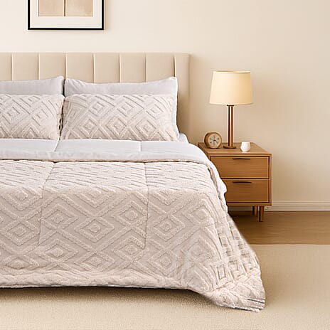 Hush Haven Super Soft Teddy Fleece 6-Piece Comforter Set - Inc. 2 Taffeta Jacquard - 2 Crystal Velvet Pillowcases, Fitted Sheet and a Comforter (Double) - White