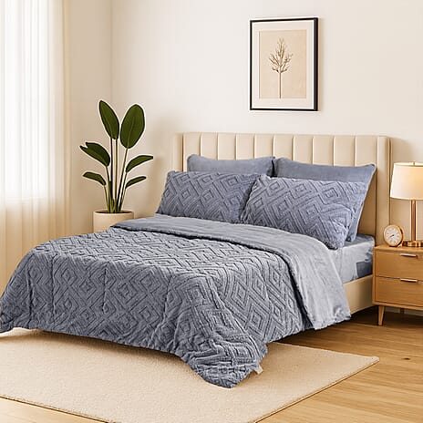 Hush Haven Super Soft Teddy Fleece 6-Piece Comforter Set - Inc. 2 Taffeta Jacquard - 2 Crystal Velvet Pillowcases, Fitted Sheet and a Comforter (Double) - Grey