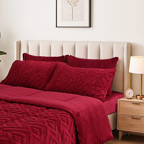 Hush Haven Super Soft Teddy Fleece 6-Piece Comforter Set - Inc. 2 Taffeta Jacquard - 2 Crystal Velvet Pillowcases, Fitted Sheet and a Comforter (Double) - Red