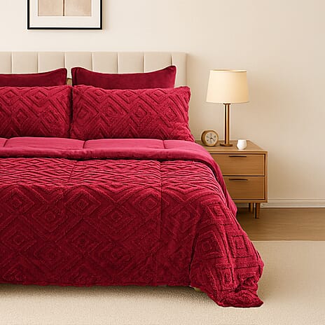 Hush Haven Super Soft Teddy Fleece 6-Piece Comforter Set - Inc. 2 Taffeta Jacquard - 2 Crystal Velvet Pillowcases, Fitted Sheet and a Comforter (Double) - Red