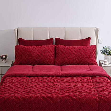 Hush Haven Super Soft Teddy Fleece 6-Piece Comforter Set - Inc. 2 Taffeta Jacquard - 2 Crystal Velvet Pillowcases, Fitted Sheet and a Comforter (Double) - Red