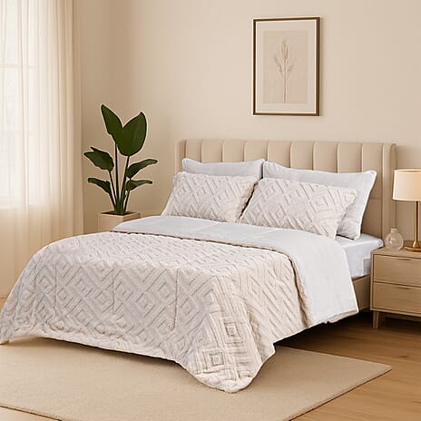 Hush Haven Super Soft Teddy Fleece 6-Piece Comforter Set - Inc. 2 Taffeta Jacquard - 2 Crystal Velvet Pillowcases, Fitted Sheet and a Comforter (King) - White