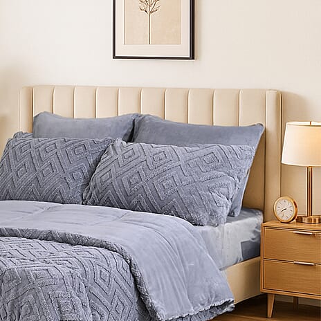 Hush Haven Super Soft Teddy Fleece 6-Piece Comforter Set - Inc. 2 Taffeta Jacquard - 2 Crystal Velvet Pillowcases, Fitted Sheet and a Comforter (King) - Grey