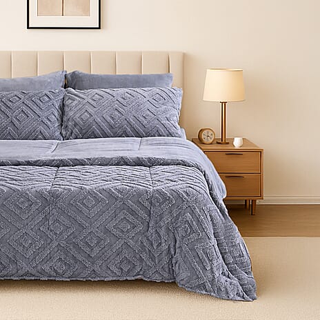 Hush Haven Super Soft Teddy Fleece 6-Piece Comforter Set - Inc. 2 Taffeta Jacquard - 2 Crystal Velvet Pillowcases, Fitted Sheet and a Comforter (King) - Grey