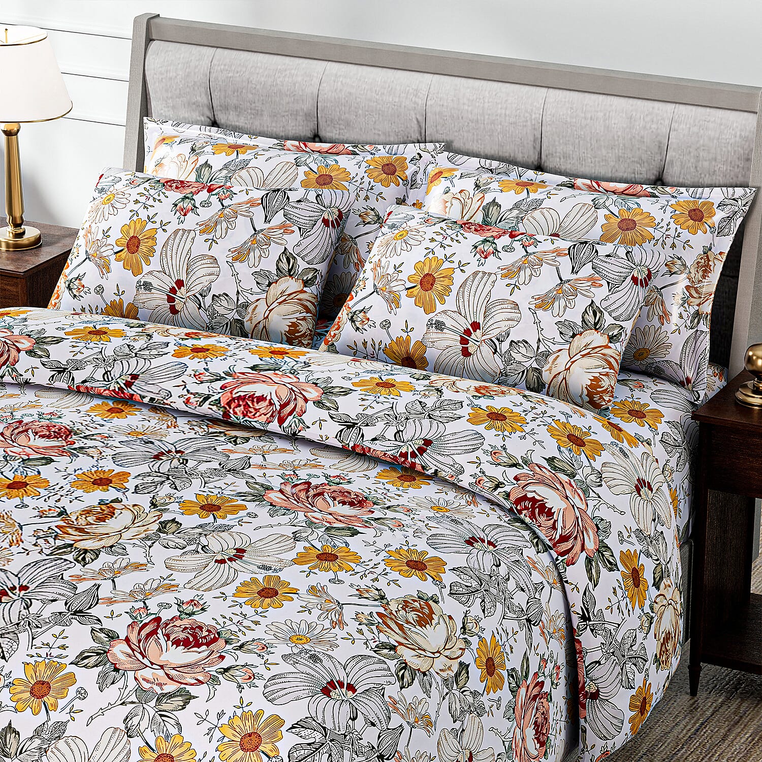 Hush Haven 6 Piece Digital Floral Print Duvet Cover Set - Inc. 1 Duvet Cover, 1 Fitted Sheet with 2 Housewife - 2 Oxford Pillowcases (Double) - Cream