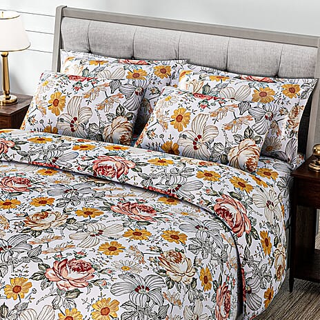 Hush Haven 6 Piece Digital Floral Print Duvet Cover Set - Inc. 1 Duvet Cover, 1 Fitted Sheet with 2 Housewife - 2 Oxford Pillowcases (Double) - Cream