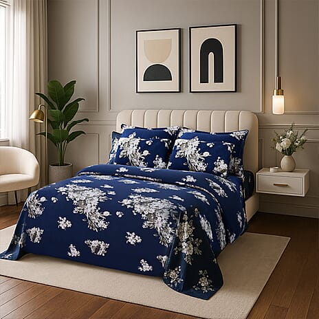 Hush Haven 6 Piece Digital Floral Print Duvet Cover Set - Inc. 1 Duvet Cover, 1 Fitted Sheet with 2 Housewife - 2 Oxford Pillowcases (Double) - Navy