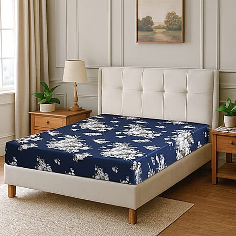 Hush Haven 6 Piece Digital Floral Print Duvet Cover Set - Inc. 1 Duvet Cover, 1 Fitted Sheet with 2 Housewife - 2 Oxford Pillowcases (Double) - Navy