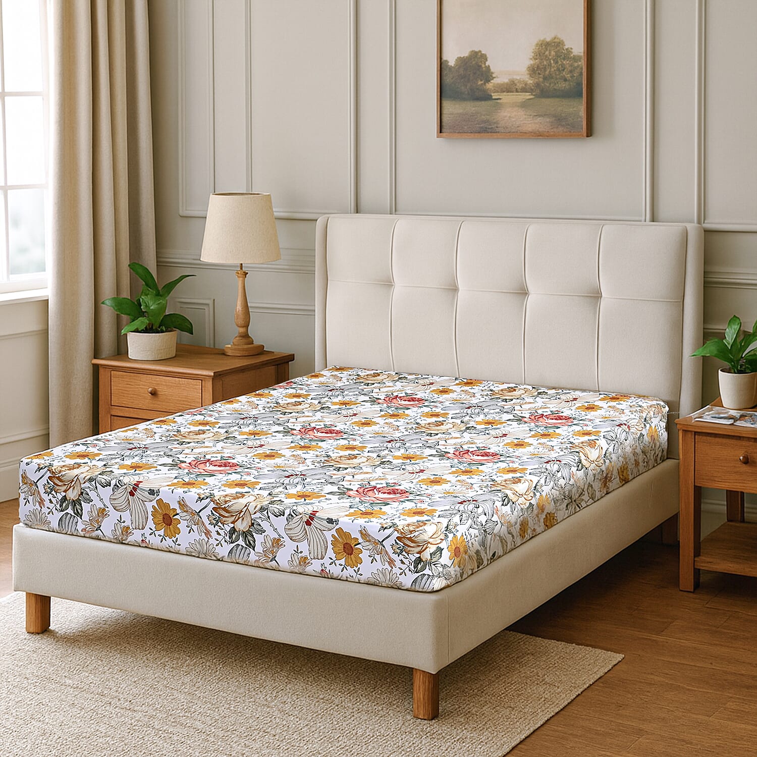 Hush Haven 6 Piece Digital Floral Print Duvet Cover Set - Inc. 1 Duvet Cover, 1 Fitted Sheet with 2 Housewife - 2 Oxford Pillowcases (Double) - Cream