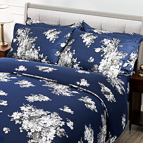 Hush Haven 6 Piece Digital Floral Print Duvet Cover Set - Inc. 1 Duvet Cover, 1 Fitted Sheet with 2 Housewife - 2 Oxford Pillowcases (King) - Navy