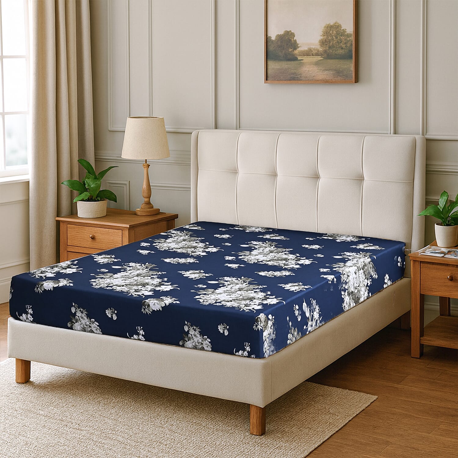 Hush Haven 6 Piece Digital Floral Print Duvet Cover Set - Inc. 1 Duvet Cover, 1 Fitted Sheet with 2 Housewife - 2 Oxford Pillowcases (Double) - Cream