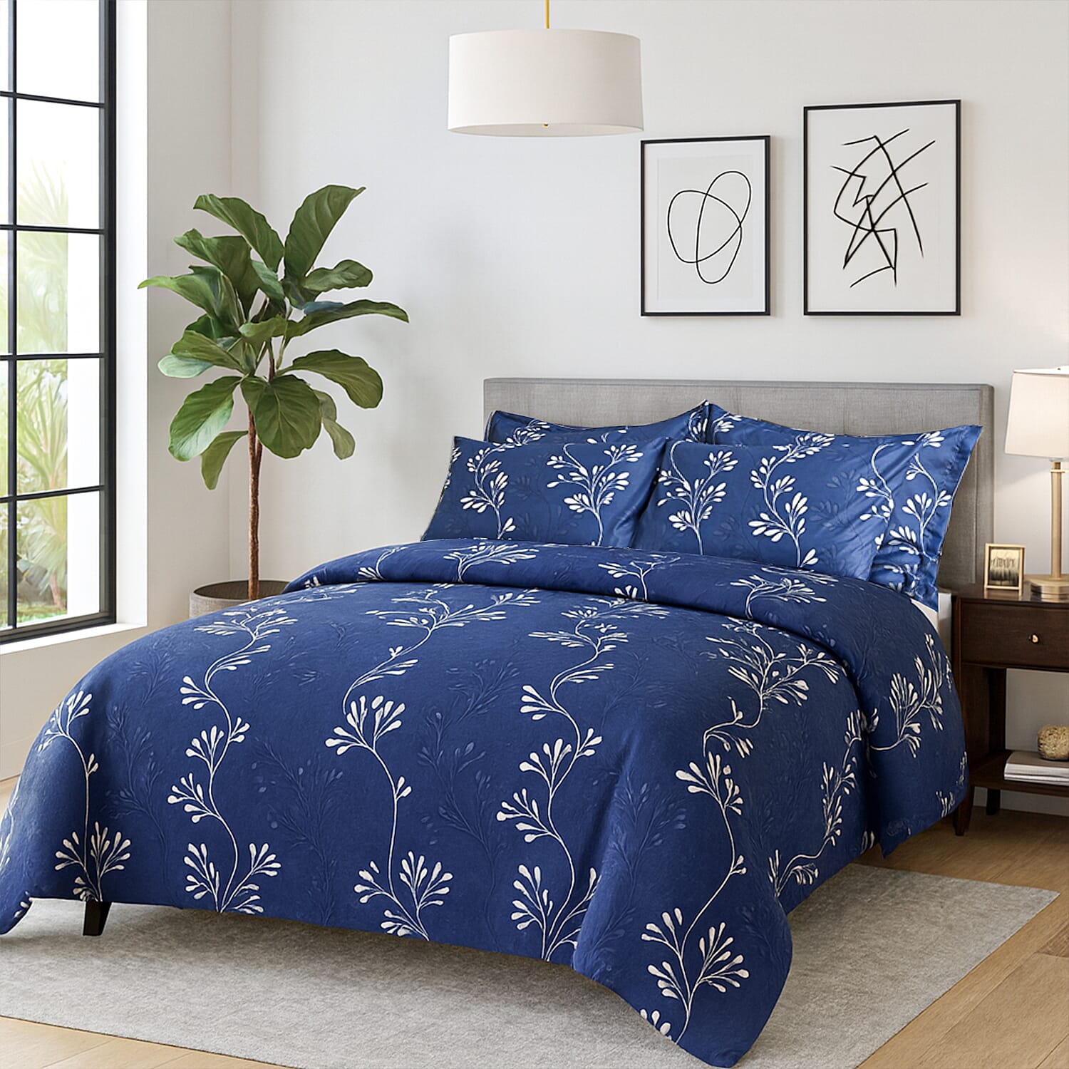 Hush Haven 6 Piece Digital Floral Print Duvet Cover Set - Inc. 1 Duvet Cover, 1 Fitted Sheet with 2 Housewife - 2 Oxford Pillowcases (Double) - Cream