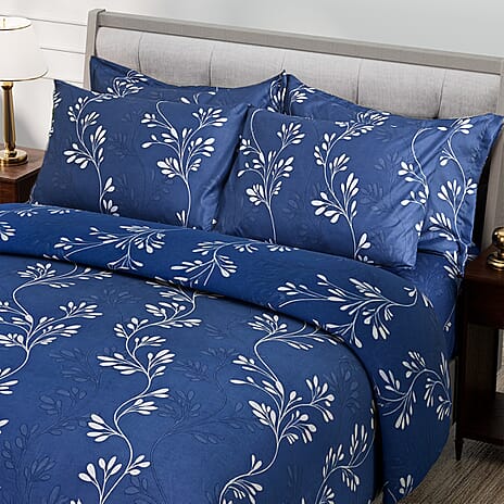 Hush Haven 6 Piece Digital Floral Print Duvet Cover Set - Inc. 1 Duvet Cover, 1 Fitted Sheet with 2 Housewife - 2 Oxford Pillowcases (King) - Blue
