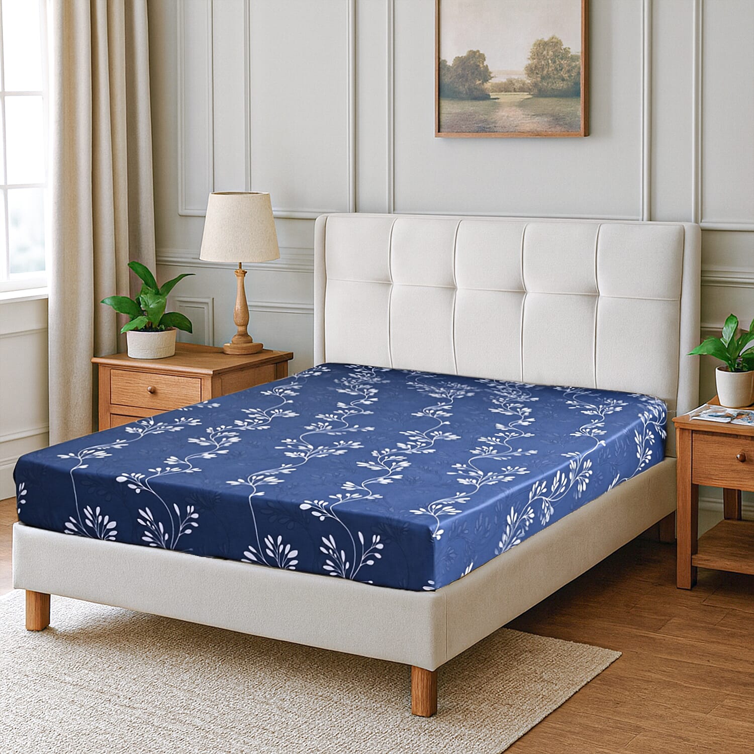 Hush Haven 6 Piece Digital Floral Print Duvet Cover Set - Inc. 1 Duvet Cover, 1 Fitted Sheet with 2 Housewife - 2 Oxford Pillowcases (Double) - Cream