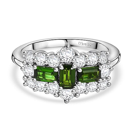 Natural Chrome Diopside & White Zircon Boat Ring in Platinum Overlay Sterling Silver 2.97 Ct.