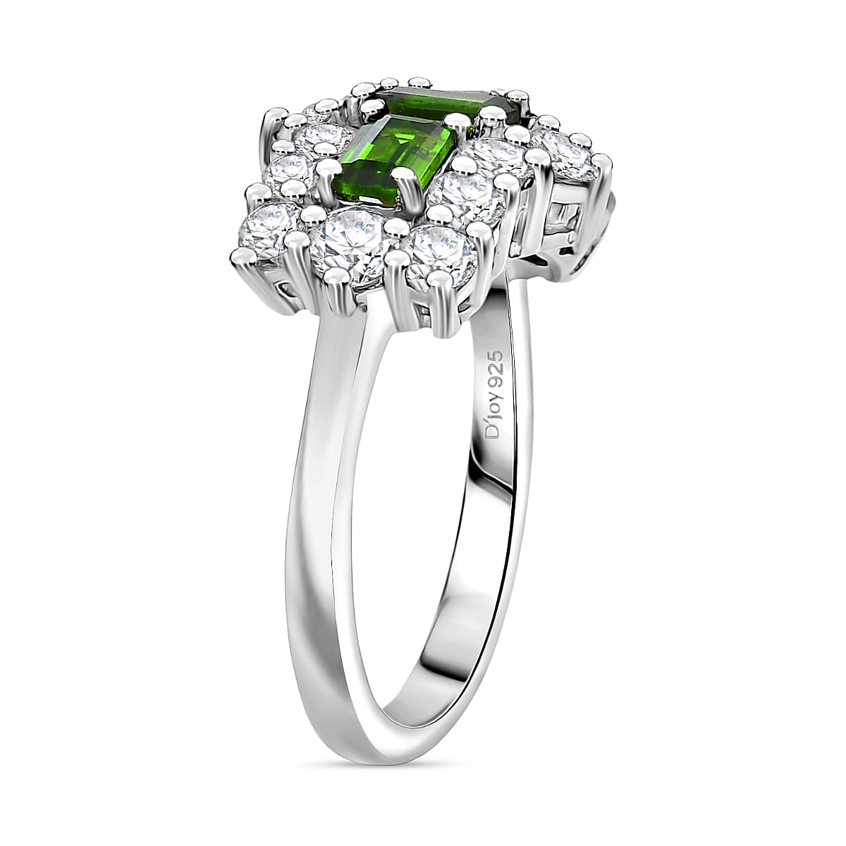 Natural Chrome Diopside & White Zircon Boat Ring in Platinum Overlay Sterling Silver 2.97 Ct.