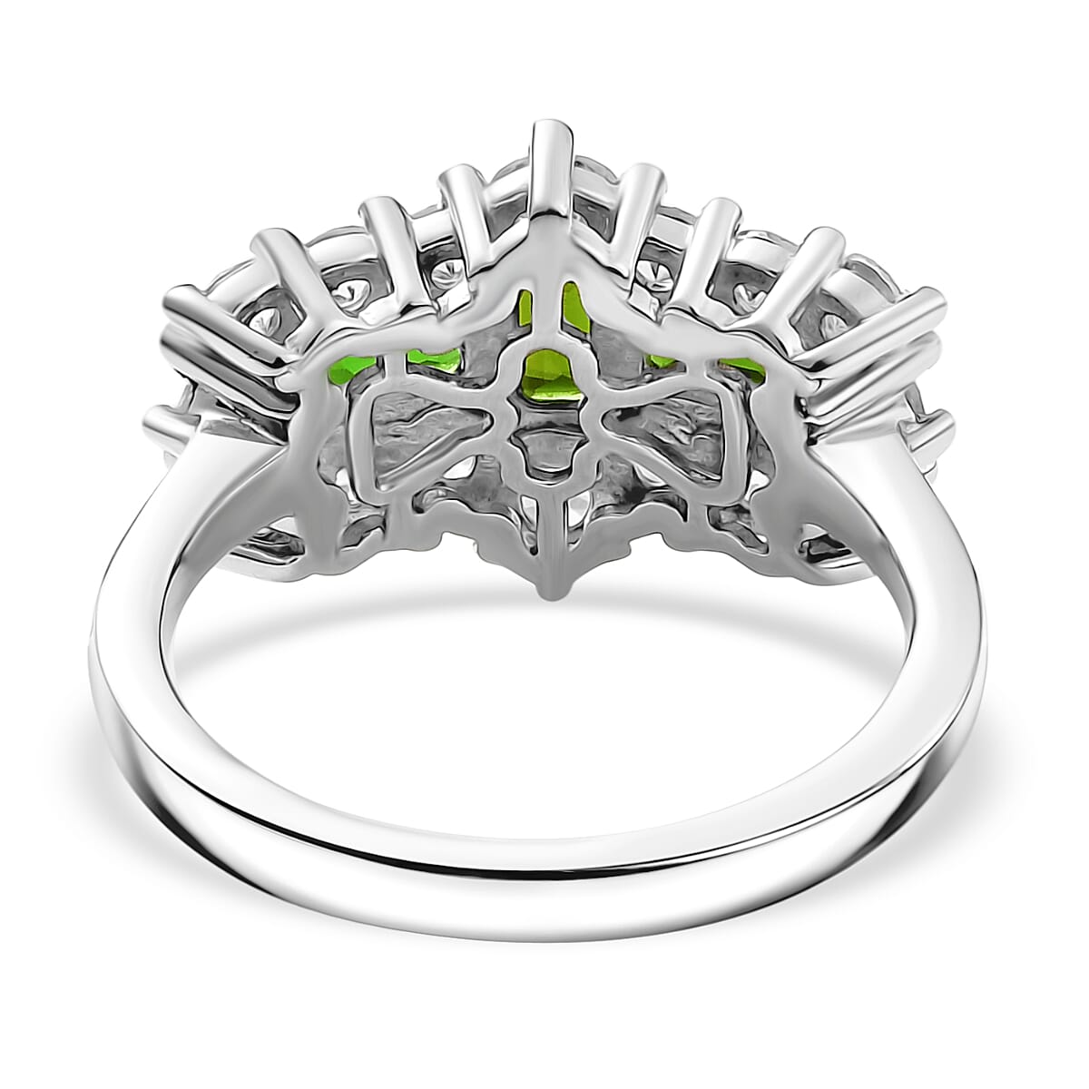 Natural Chrome Diopside & White Zircon Boat Ring in Platinum Overlay Sterling Silver 2.97 Ct.