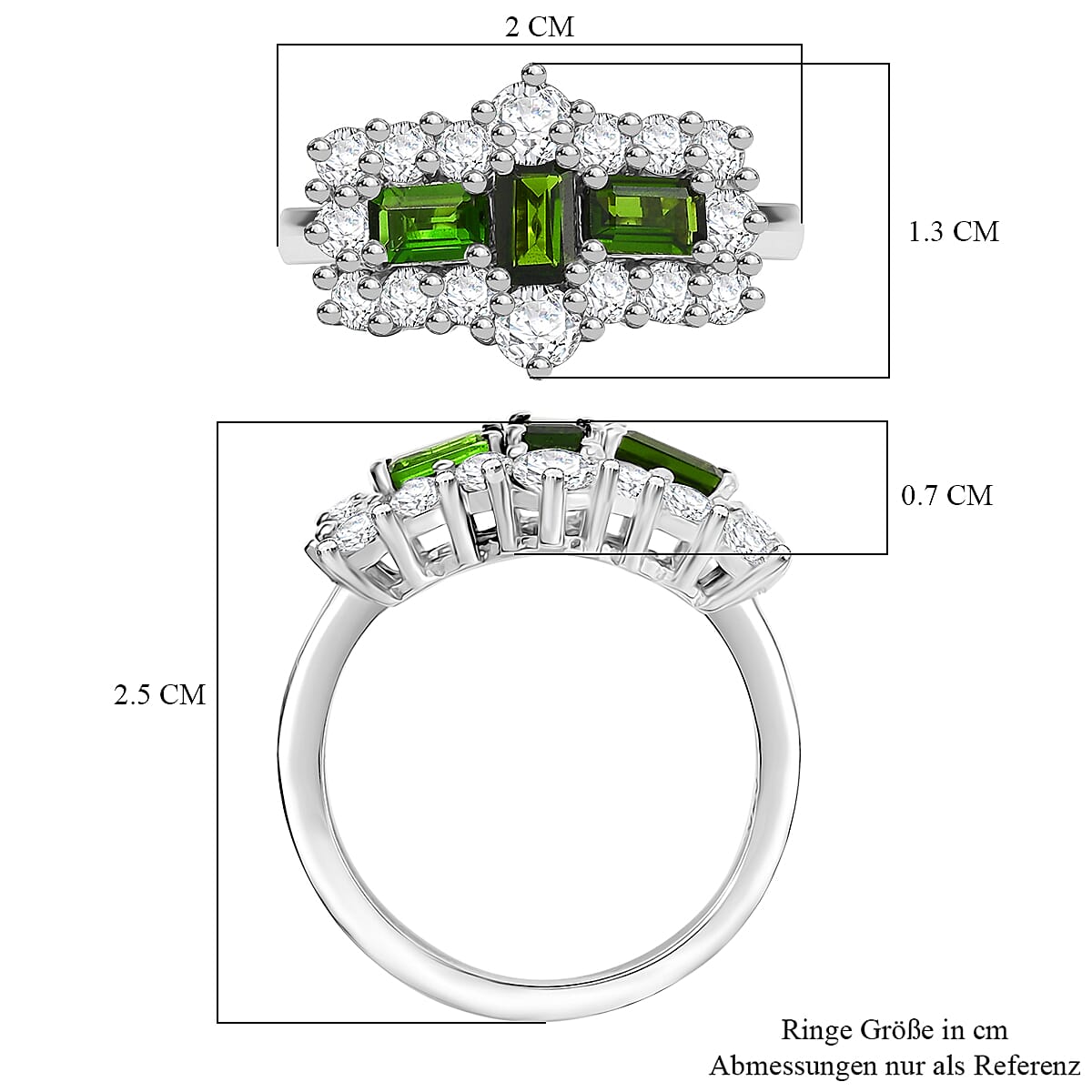 Natural Chrome Diopside & White Zircon Boat Ring in Platinum Overlay Sterling Silver 2.97 Ct.