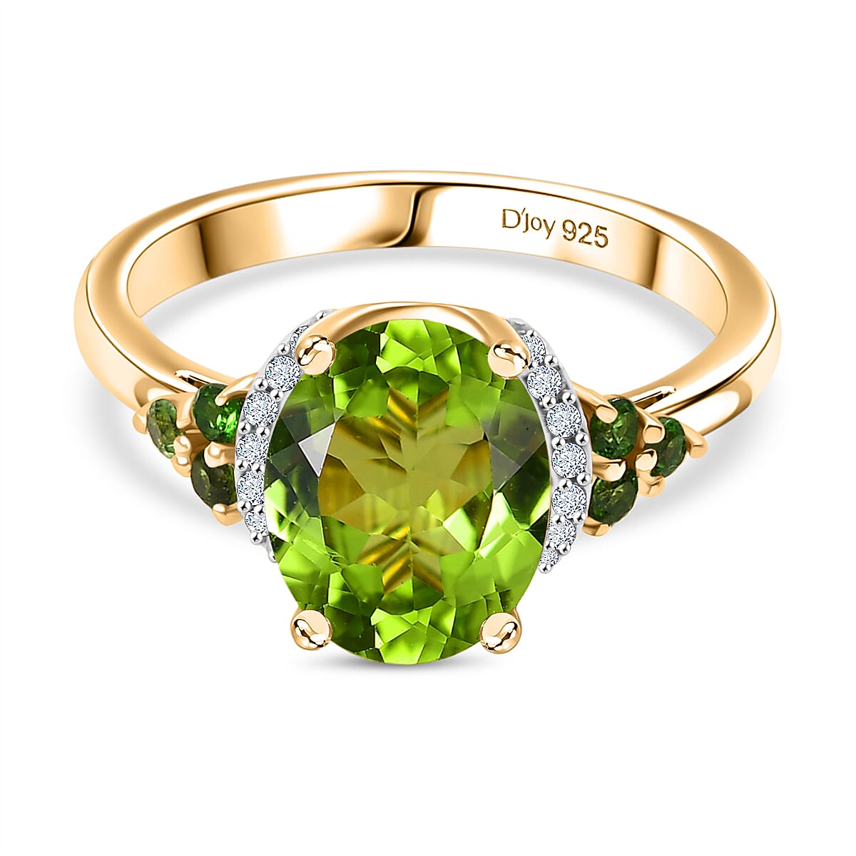 D'joy Natural Hebei Peridot, Natural Chrome Diopside & White Zircon Ring in 14K Yellow Gold Plating Sterling Silver 2.83 Ct.