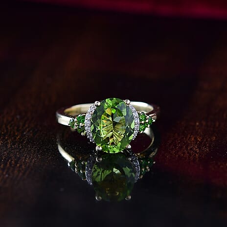 D'joy Natural Hebei Peridot, Natural Chrome Diopside & White Zircon Ring in 14K Yellow Gold Plating Sterling Silver 2.83 Ct.