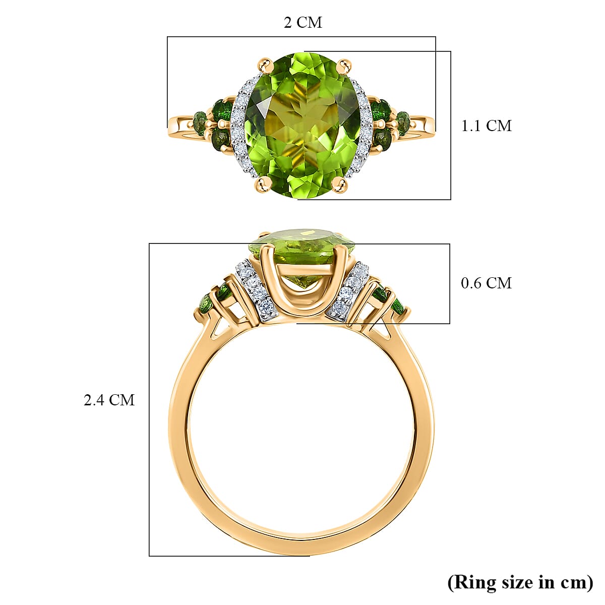 D'joy Natural Hebei Peridot, Natural Chrome Diopside & White Zircon Ring in 14K Yellow Gold Plating Sterling Silver 2.83 Ct.