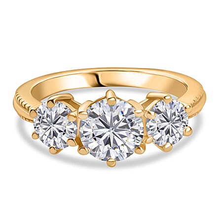 Djoy Moissanite 3 Stone Ring in 14K Yellow Gold Plated Sterling Silver 1.80 Ct. Djoy Moissanite 3 Stone Ring in 14K Yellow Gold Plated Sterling Silver 1.80 Ct.