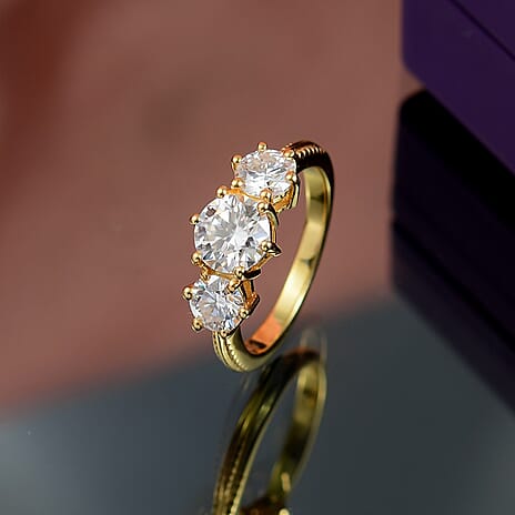 D'joy Moissanite 3 Stone Ring in 14K Yellow Gold Plated Sterling Silver 1.80 Ct.