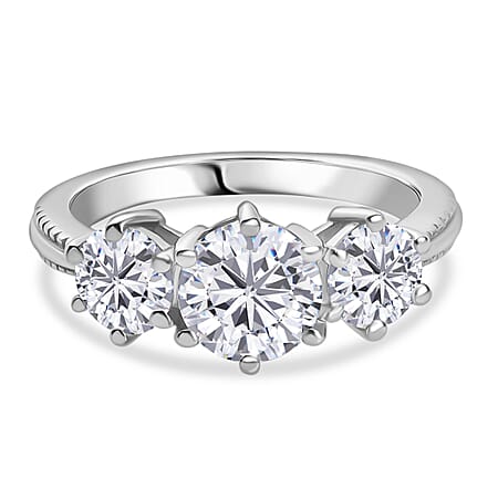 Djoy Moissanite 3 Stone Ring in Platinum Overlay Sterling Silver 1.80 Ct. Djoy Moissanite 3 Stone Ring in Platinum Overlay Sterling Silver 1.80 Ct.