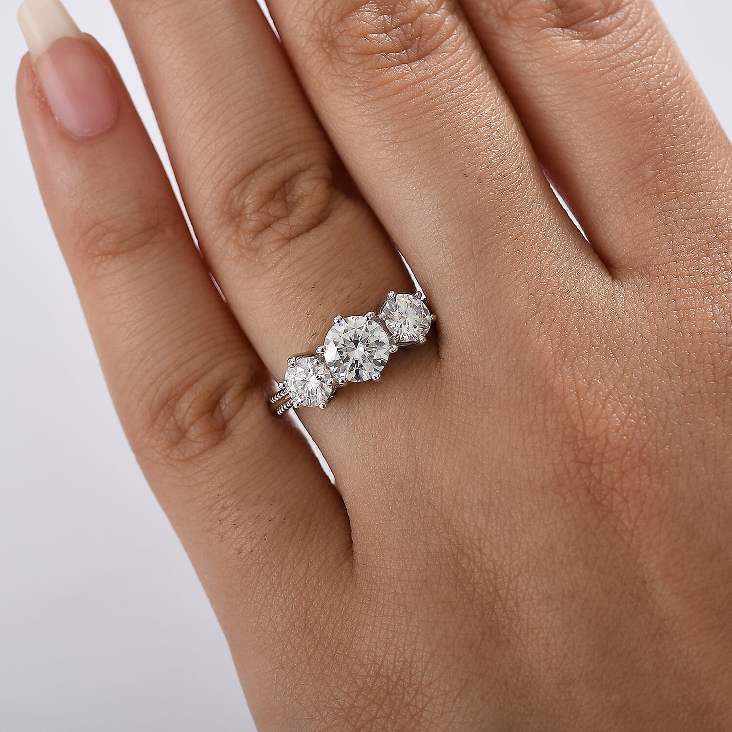 D'joy Moissanite 3 Stone Ring in Platinum Overlay Sterling Silver 1.80 Ct.