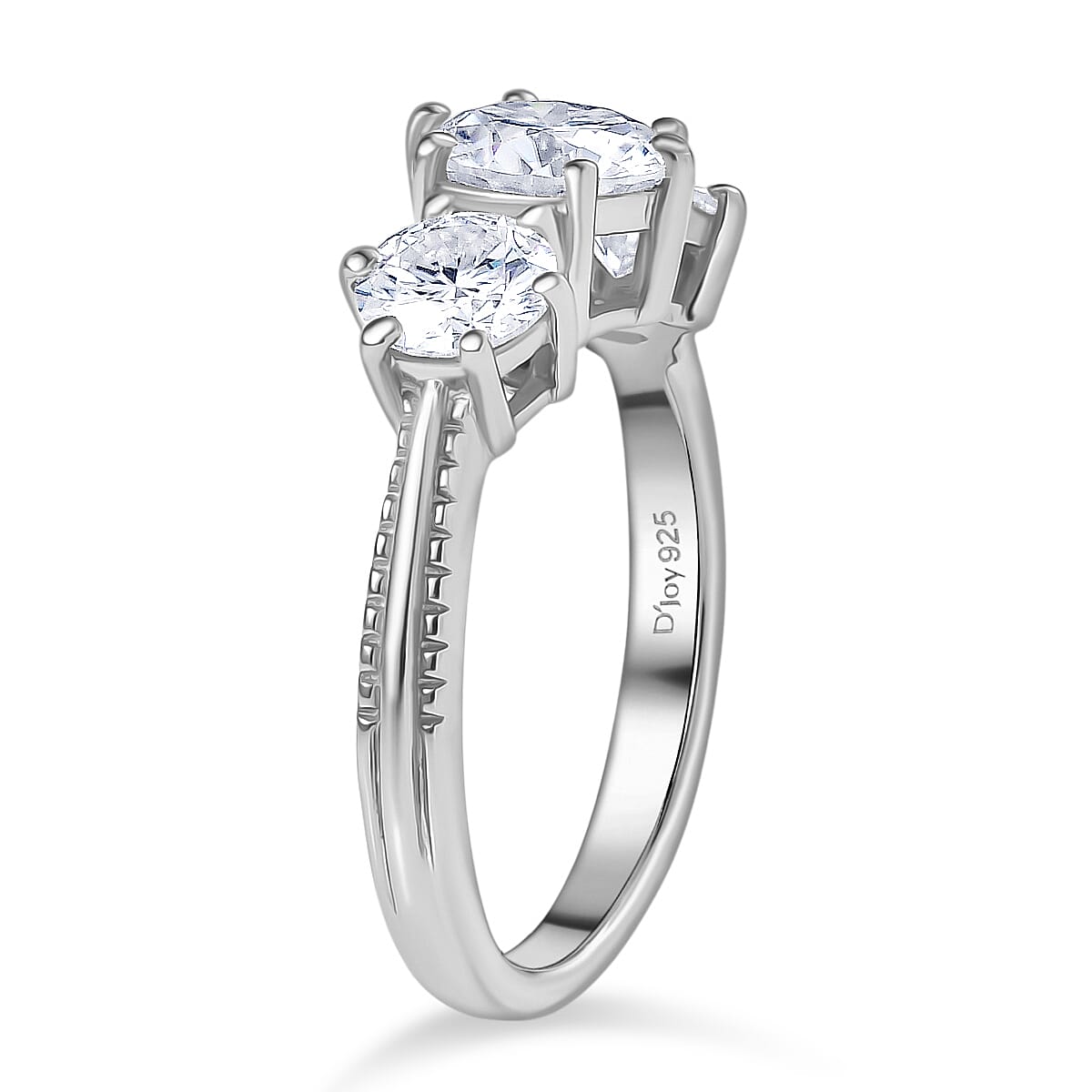 D'joy Moissanite 3 Stone Ring in Platinum Overlay Sterling Silver 1.80 Ct.