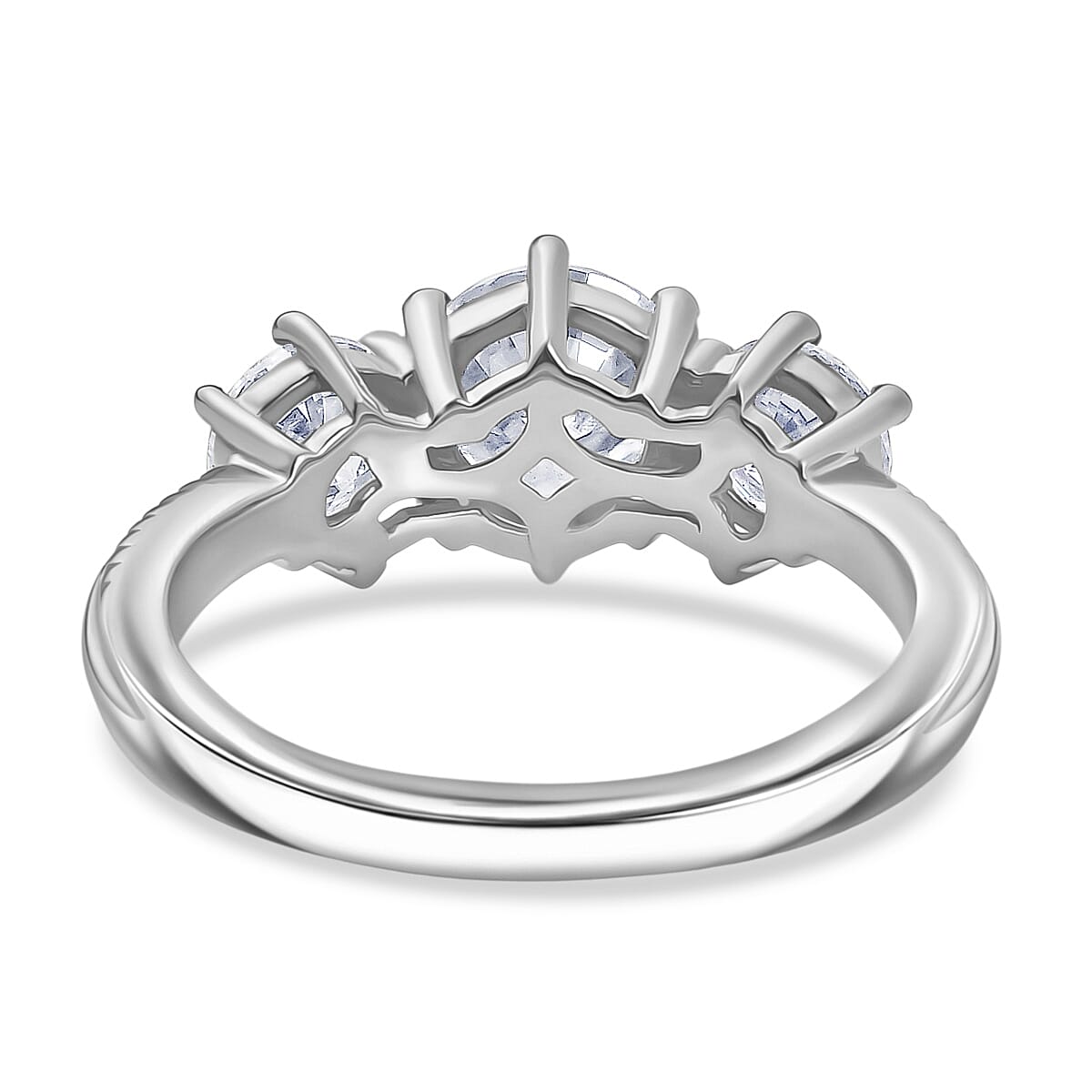 D'joy Moissanite 3 Stone Ring in Platinum Overlay Sterling Silver 1.80 Ct.