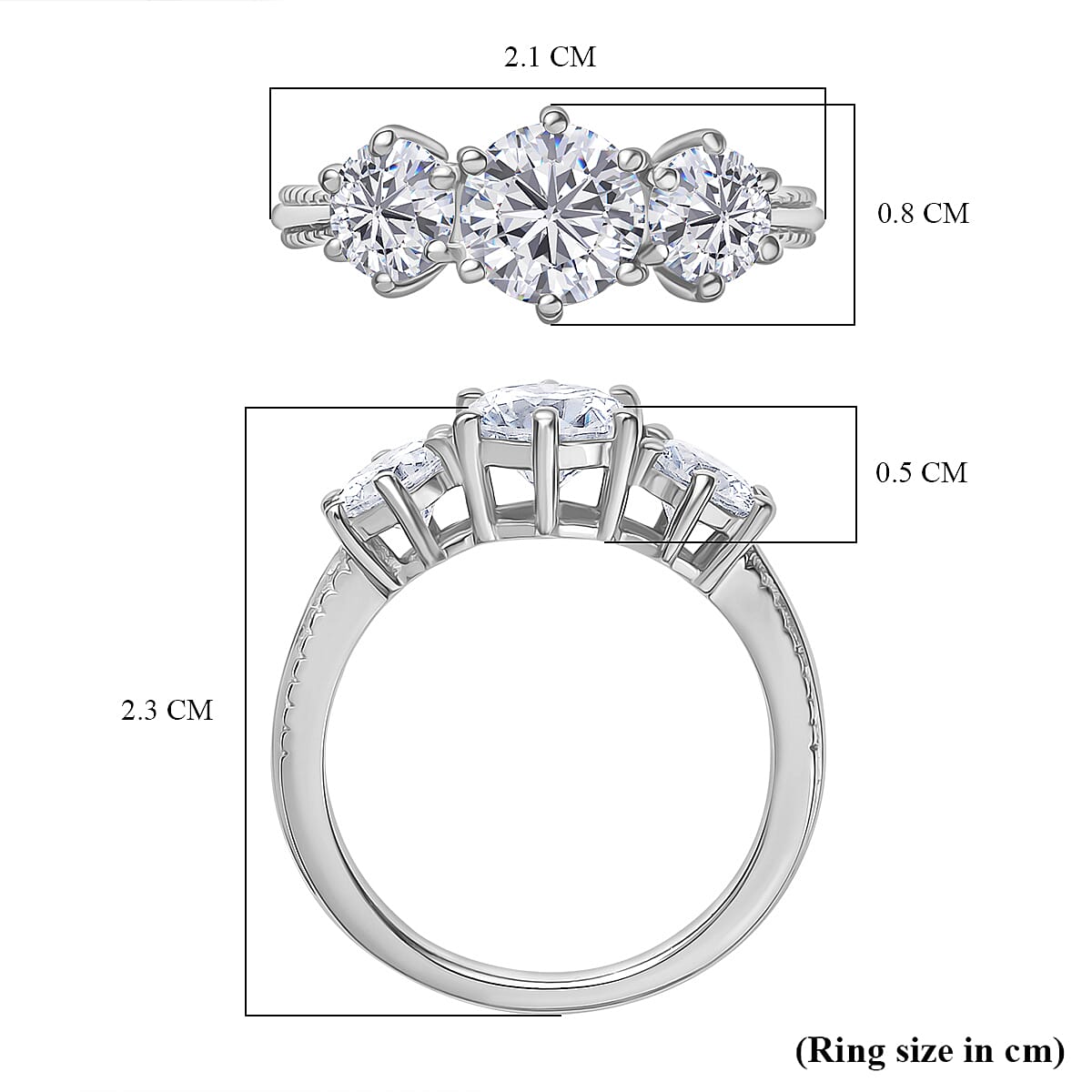 D'joy Moissanite 3 Stone Ring in Platinum Overlay Sterling Silver 1.80 Ct.