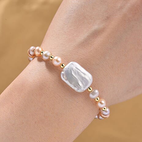 White Keshi Pearl & Multi Color Fresh Water Pearl Bracelet in Yellow Gold Plated 25.00 Ct.