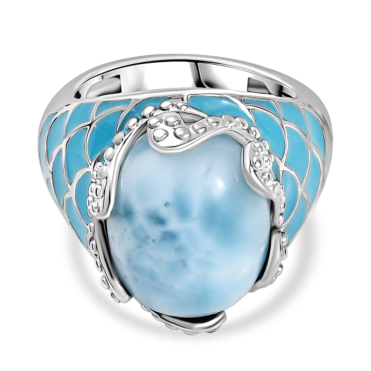 Djoy Larimar Solitaire Rolling Tides Ring in Rhodium Overlay Sterling Silver 11.02 Ct, Silver Wt. 6.29 Gms.