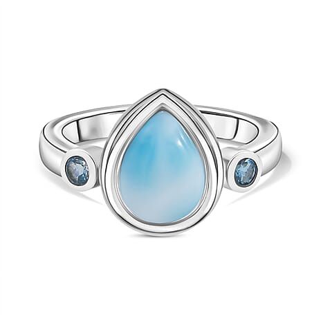 D'joy Larimar & Skyblue Topaz Ocean & Sky Ring in Rhodium Overlay Sterling Silver 2.39 Ct.