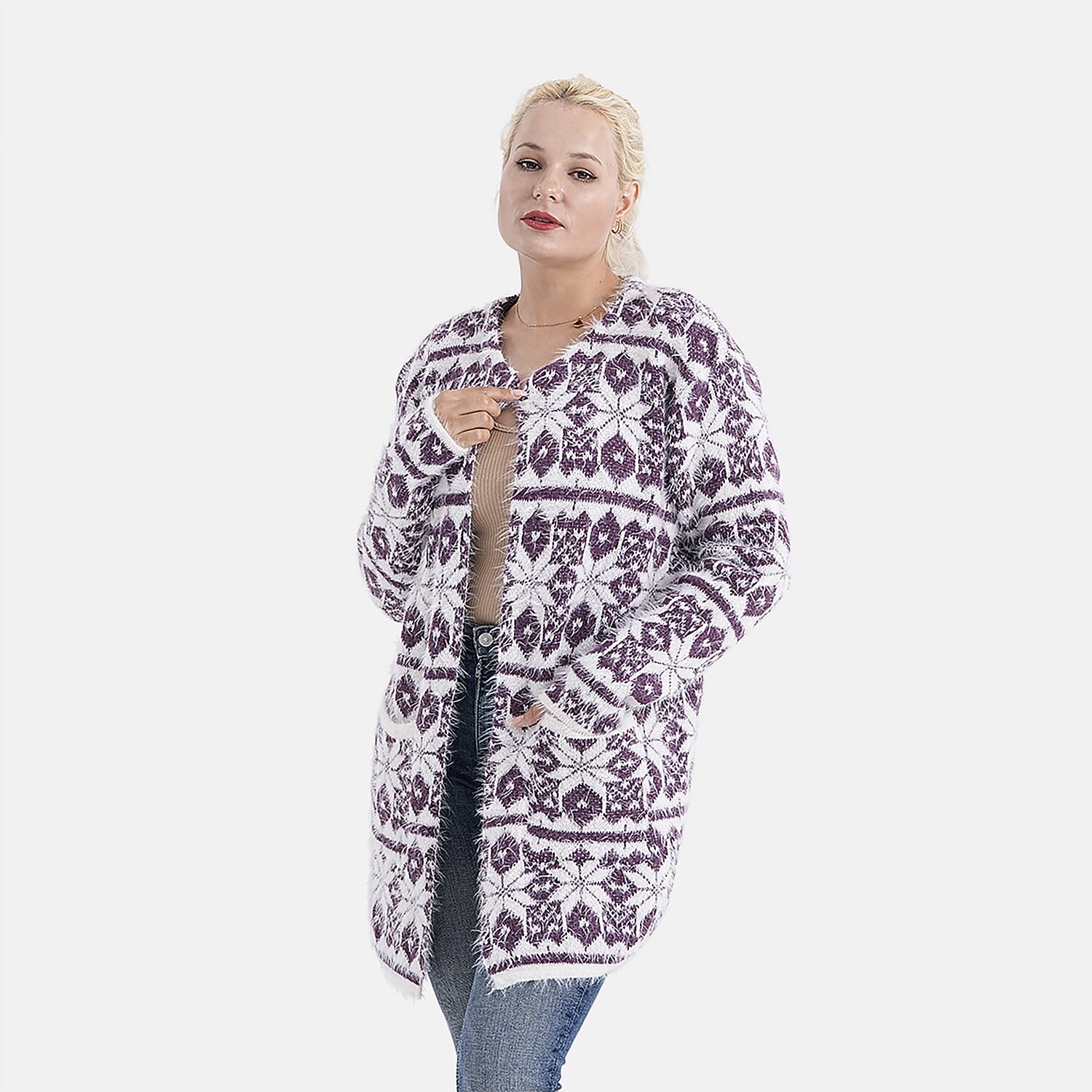 Tamsy Eyelash Coatigan with Pockets (Fit 8 to 20) - Purple & White